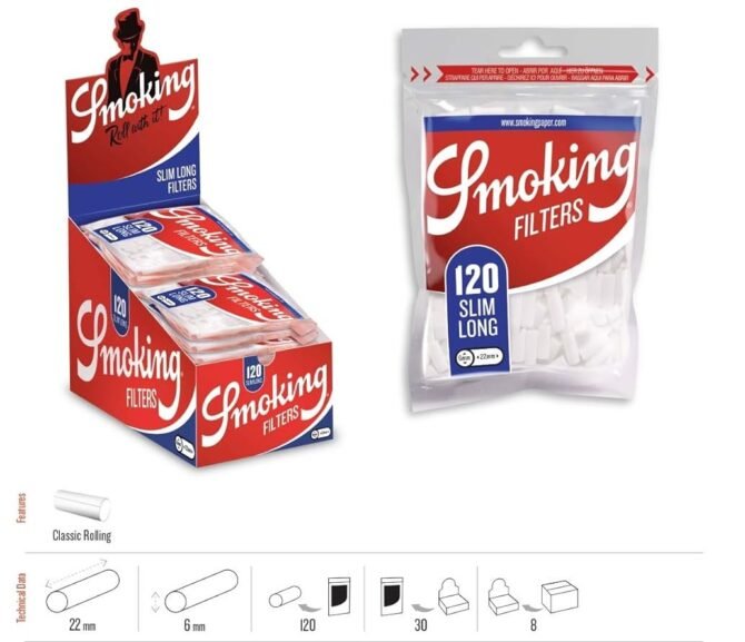 Smoking Classic Slim Long Cotton Filters ( 22 X 6 mm) - Image 2