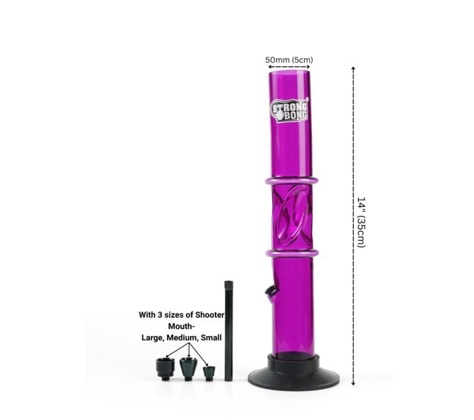 14" Straight Acrylic Bong with Ice Catcher | Includes 3 size Shooter Mouthpieces | Durable Waterpipe – Purple - Image 3